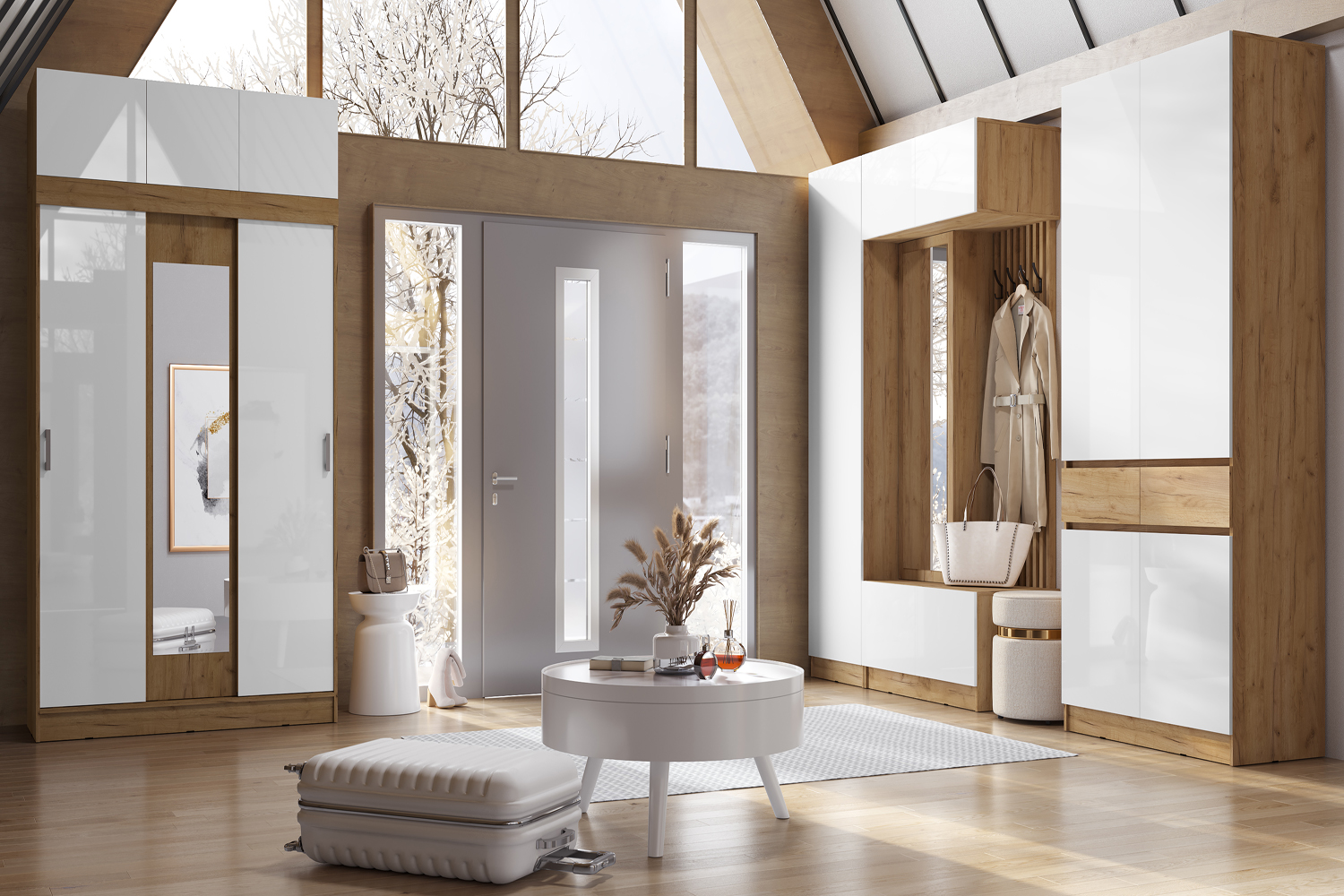 Шкаф с антресолью Бася/Роджина, Белый глянец холодный, Дуб крафт