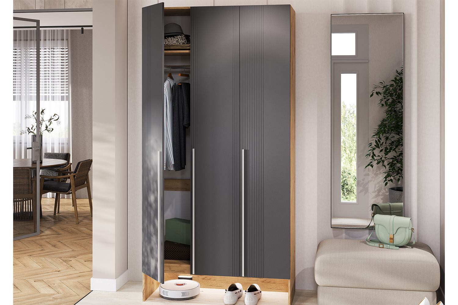 Шкаф трехстворчатый Луна, Графит софт, Дуб крафт Шкаф трехстворчатый Луна, Графит софт, Дуб крафт