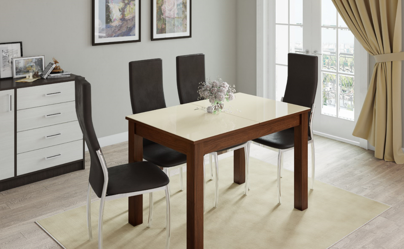 Стол обеденный раскладной Бруно 70, орех/лакобель ваниль