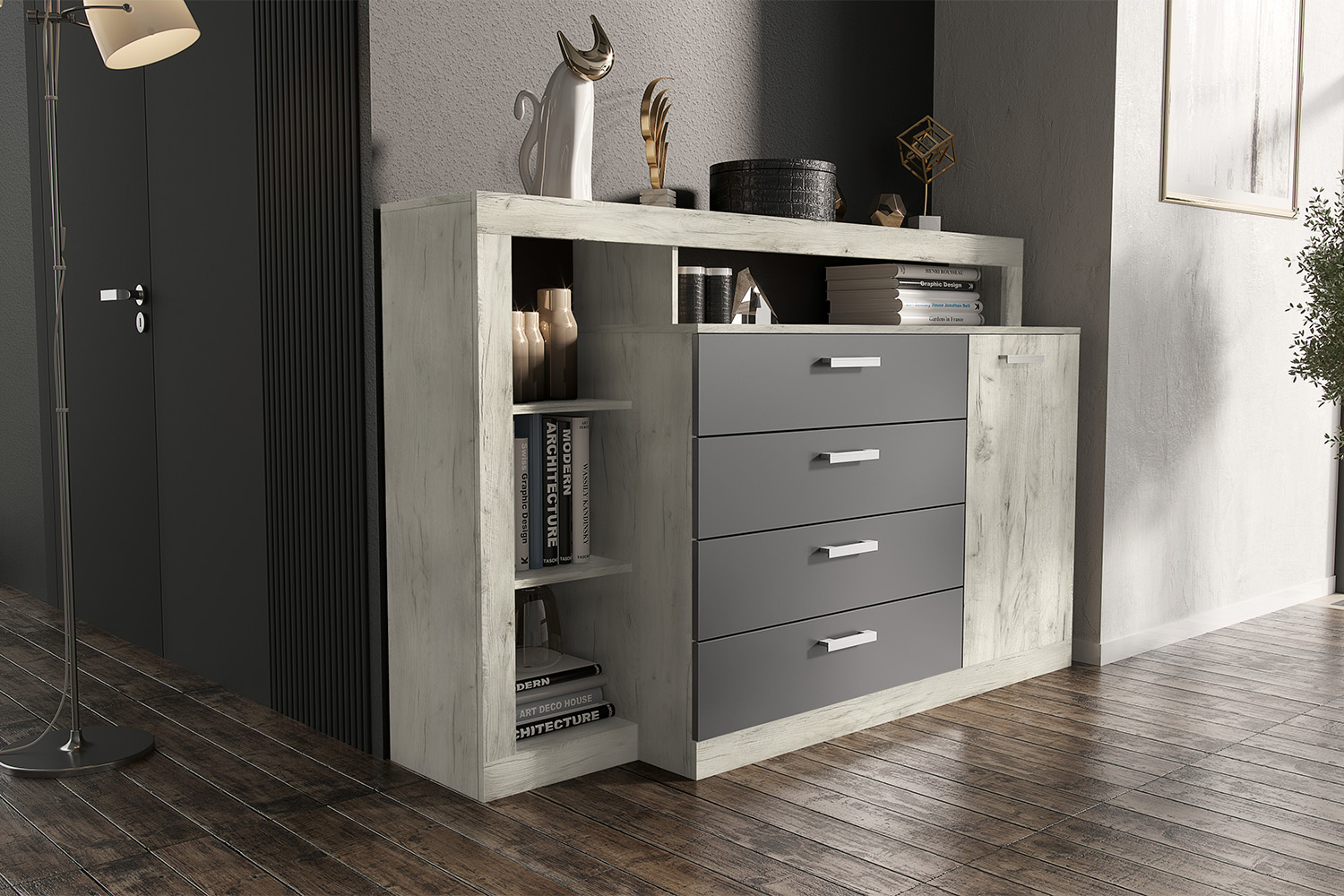 Комод Ангара, Графит, Дуб крафт Белый