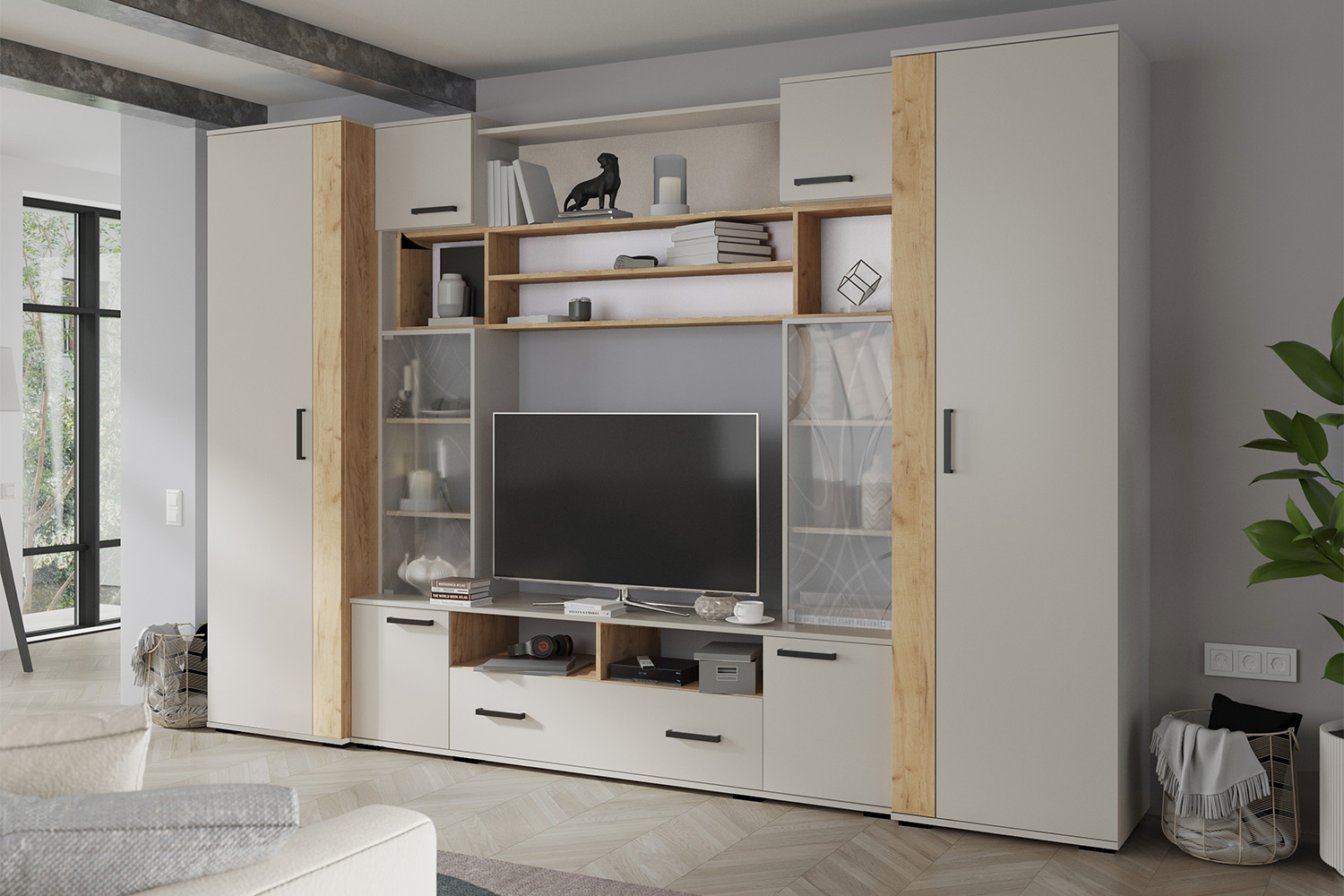 Стенка в гостиную Оскар-18 ОГЦС-1, Кашемир, Дуб крафт золотой