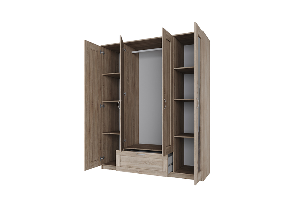 Шкаф четырехстворчатый Сириус дуб сонома с одним ящиком и двумя зеркалами