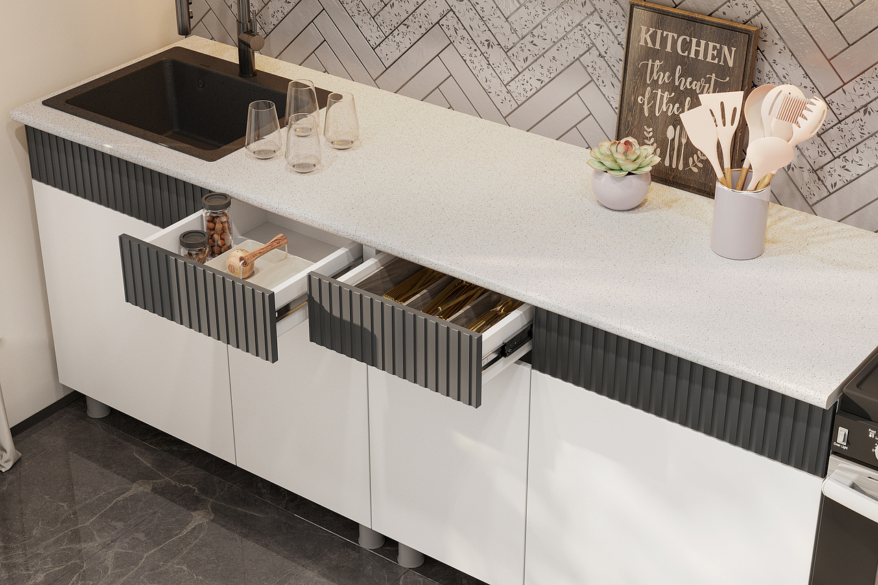 Кухонный гарнитур София 2м, Белый, Бланж, Графит матовый, Гранит белый