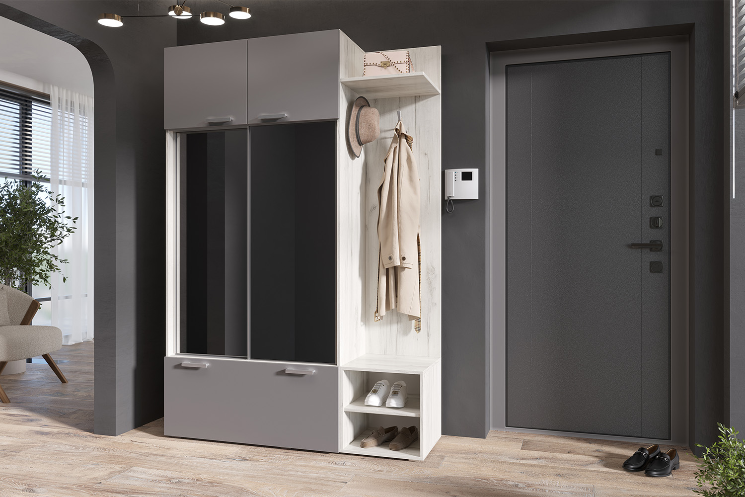 Прихожая Стелла, Графит, Дуб Крафт Белый