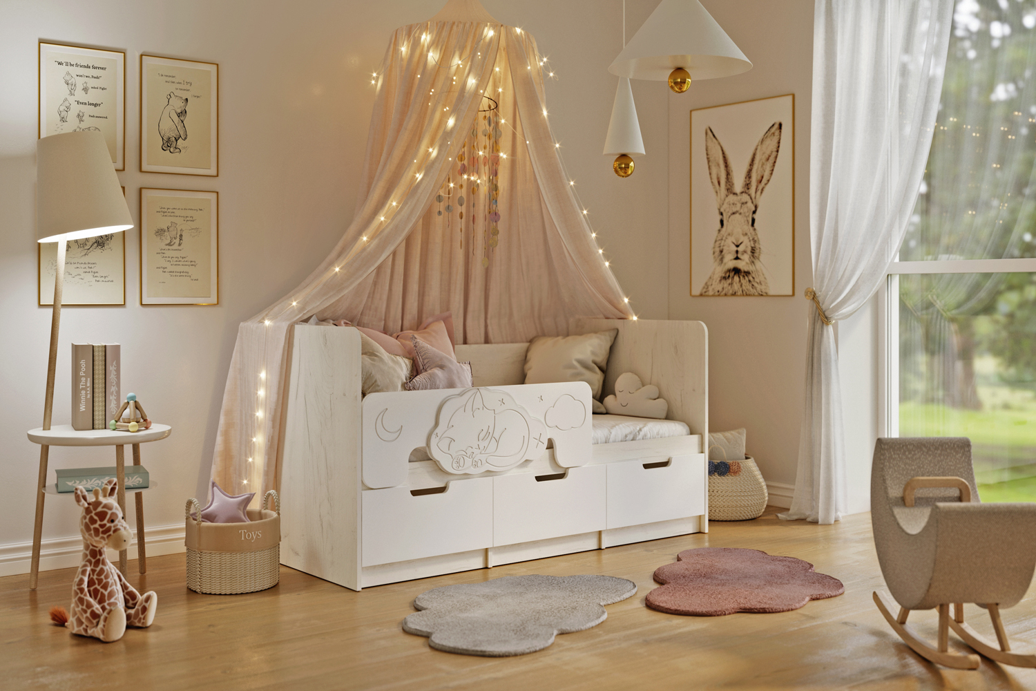 Кровать Юниор-4 (1,6х0,8м), Шарли Белый, Дуб Крафт Белый