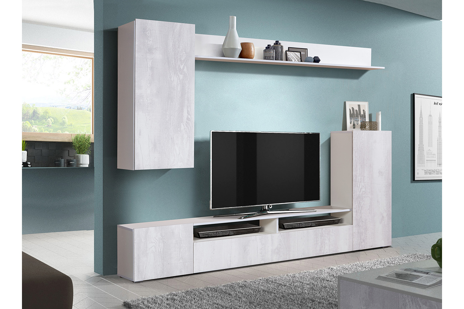 Стенка в гостиную Прага-3, Белый, Бетон пайн белый