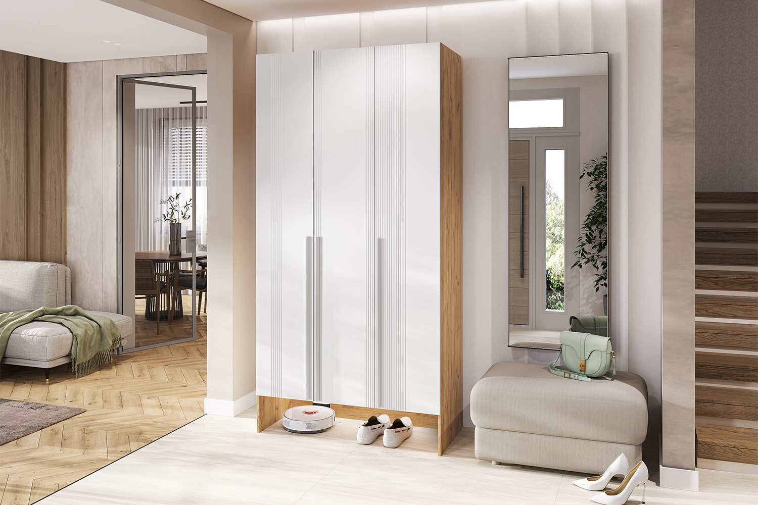 Шкаф трехстворчатый Луна, Браш Вайт, Дуб крафт