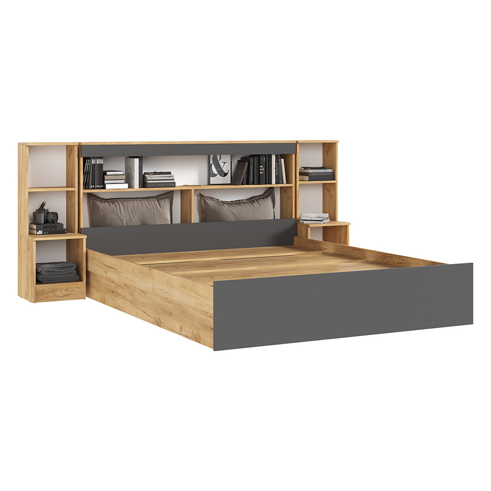 Кровать с надстройкой и тумбами Бася 1,6м, Дуб Крафт, Графит