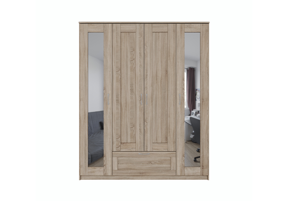 Шкаф четырехстворчатый Сириус дуб сонома с одним ящиком и двумя зеркалами