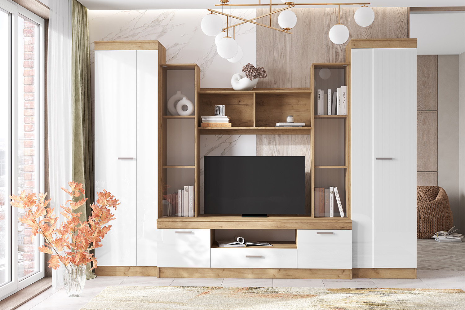 Гостиная Атлантида 6, Дуб крафт, Белый глянец холодный