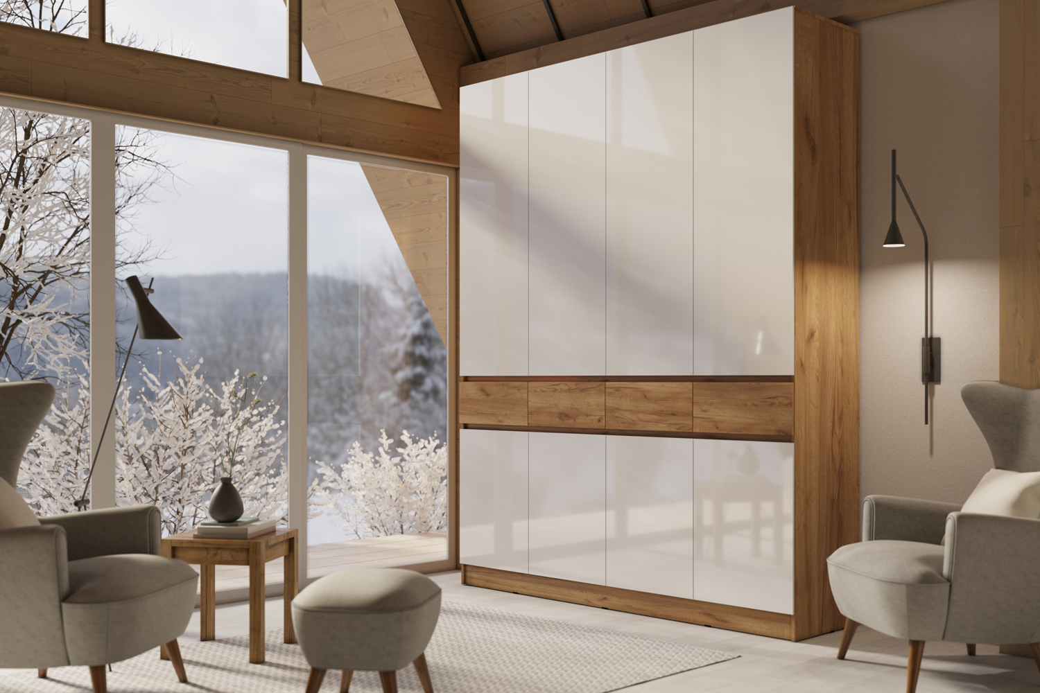 Шкаф четырехстворчатый Роджина, Дуб крафт, Белый глянец