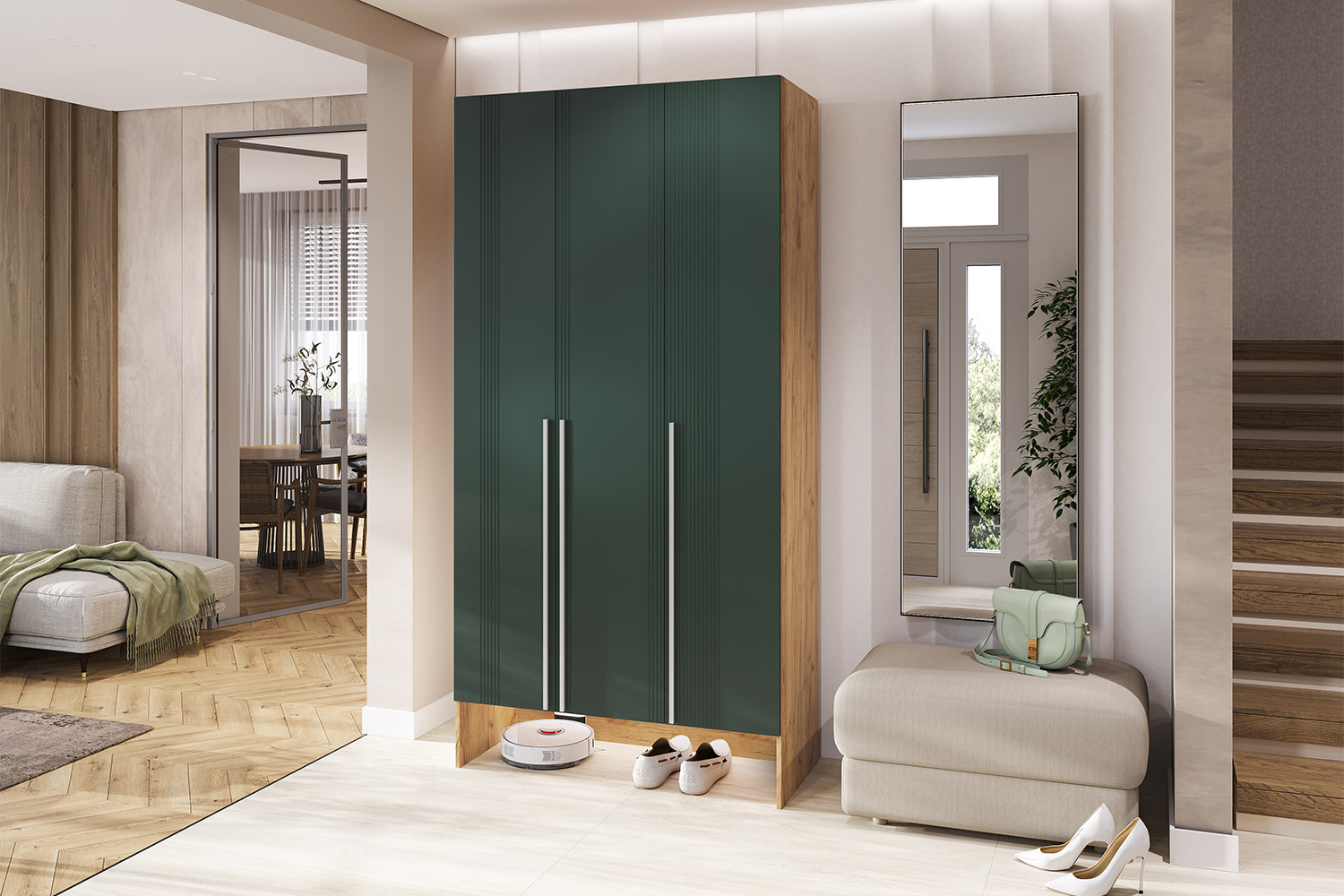 Шкаф трехстворчатый Луна, Браш Мени Грин, Дуб крафт