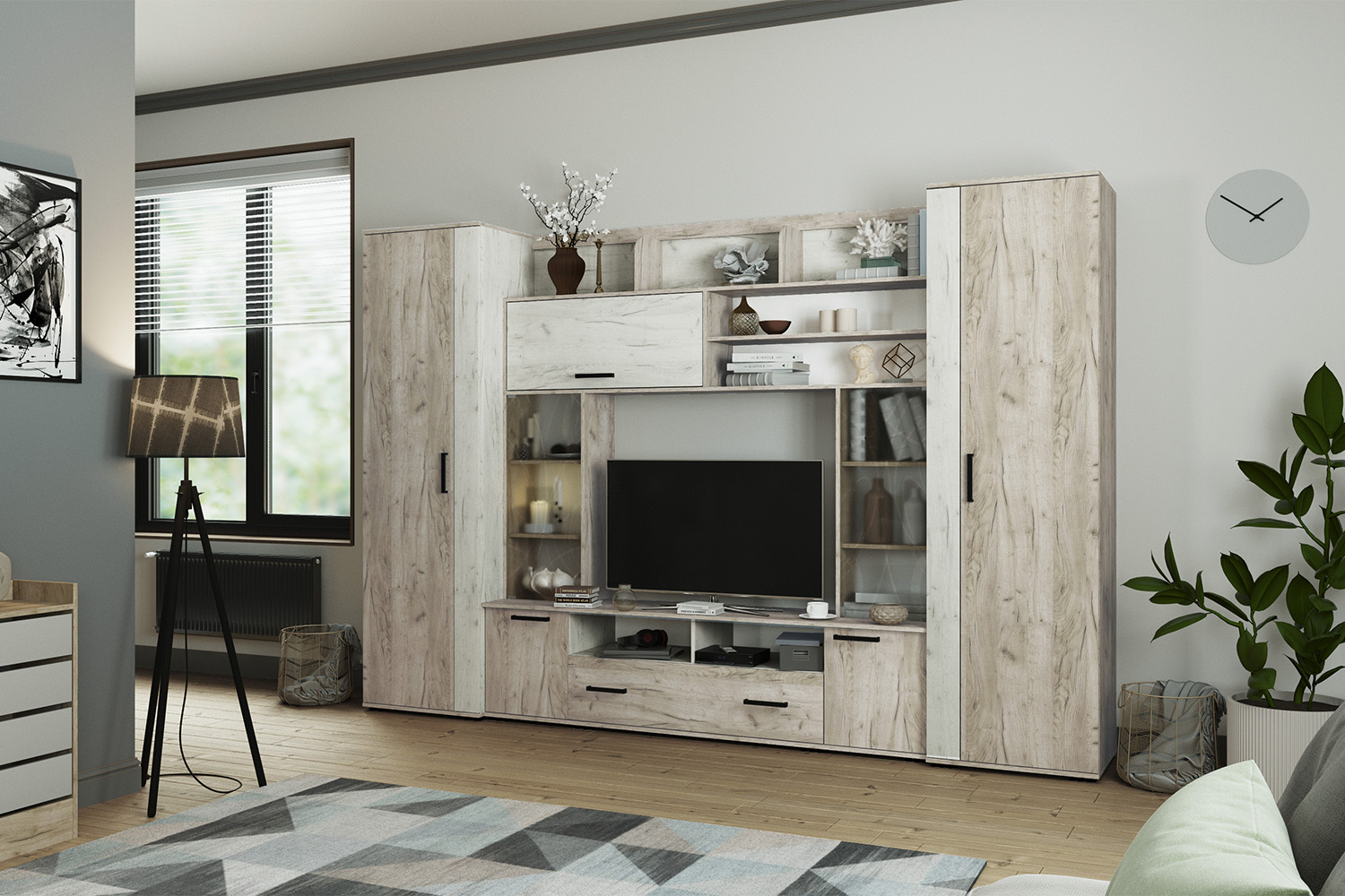 Стенка в гостиную Оскар-18 ОГЦС-2, Дуб крафт серый, Дуб крафт белый Стенка в гостиную Оскар-18 ОГЦС-2, Дуб крафт серый, Дуб крафт белый