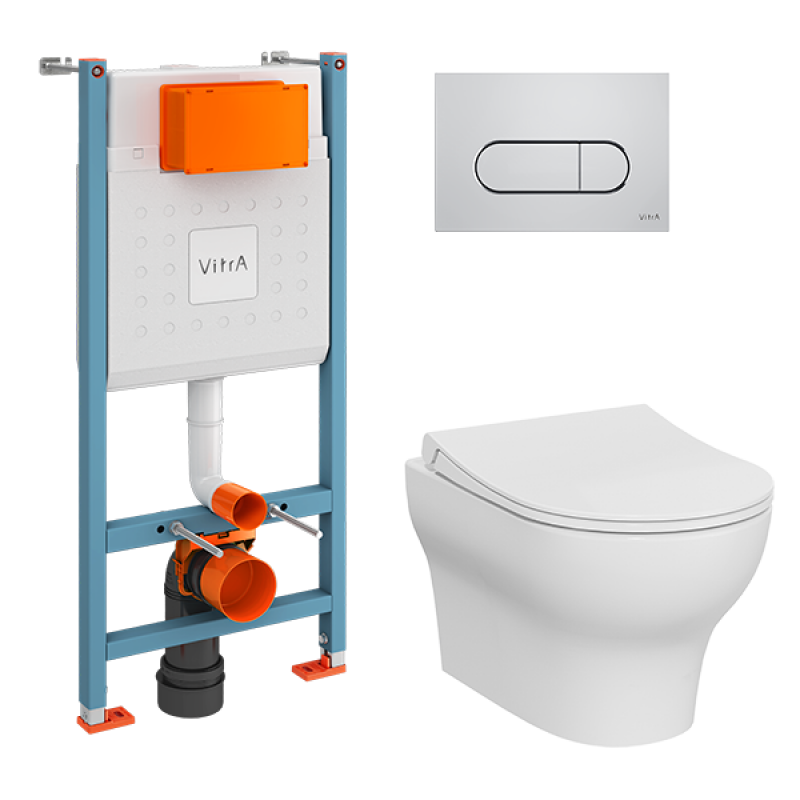 9879B003-7200 Комплект: Zentrum Round подвесной Безободковый унитаз + тонкое сиденье МЛ/БС+ инсталляция + панель смыва хром глянец