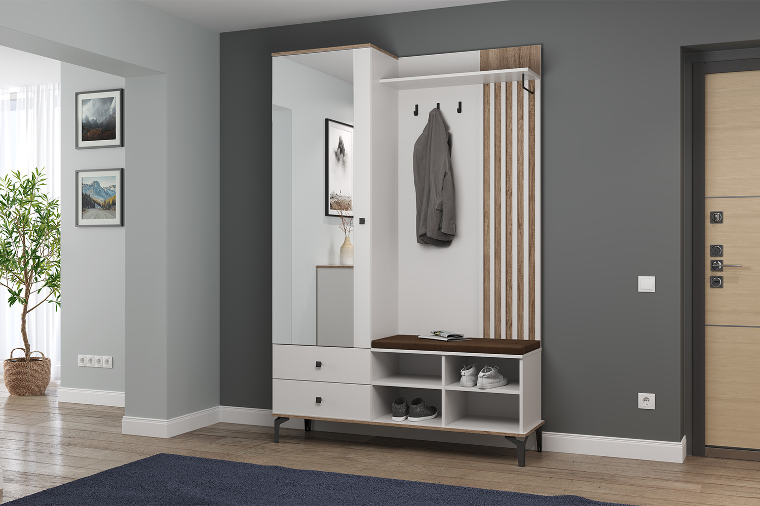 Прихожая с зеркалом Либерти 51.22, Белый, Дуб каньон