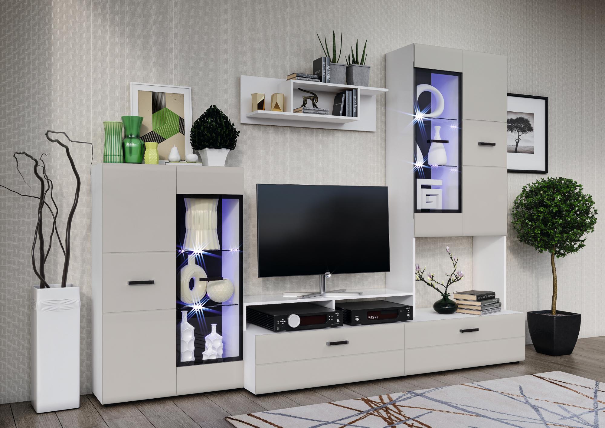 Гостиная Нэнси Вариант №3, Браш Лайт Грей, Белый