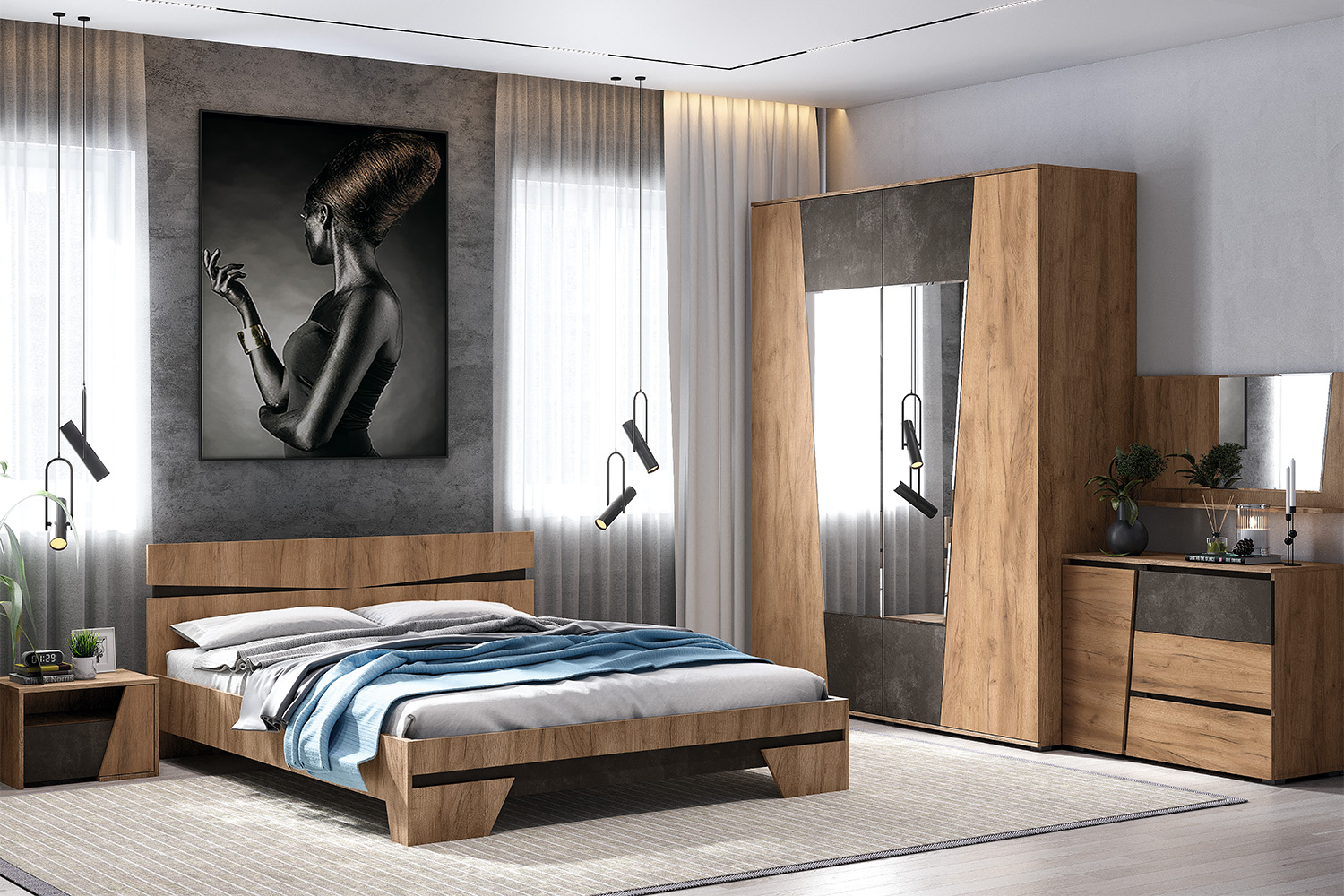 Тумба прикроватная Соренто (2 шт.), Дуб крафт, Бетон темный