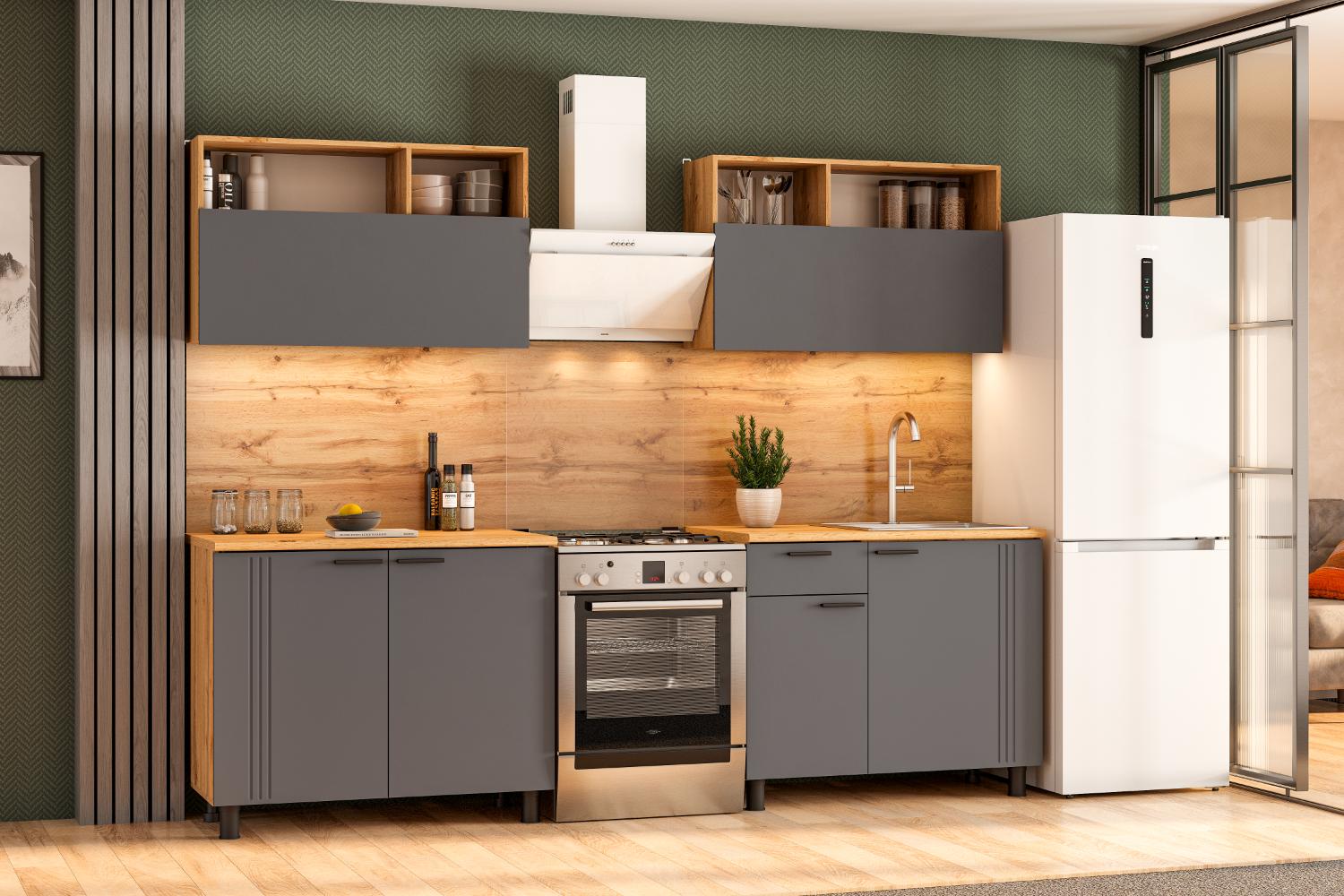 Кухонный гарнитур Монако 2м., Дуб Золотой, Графит