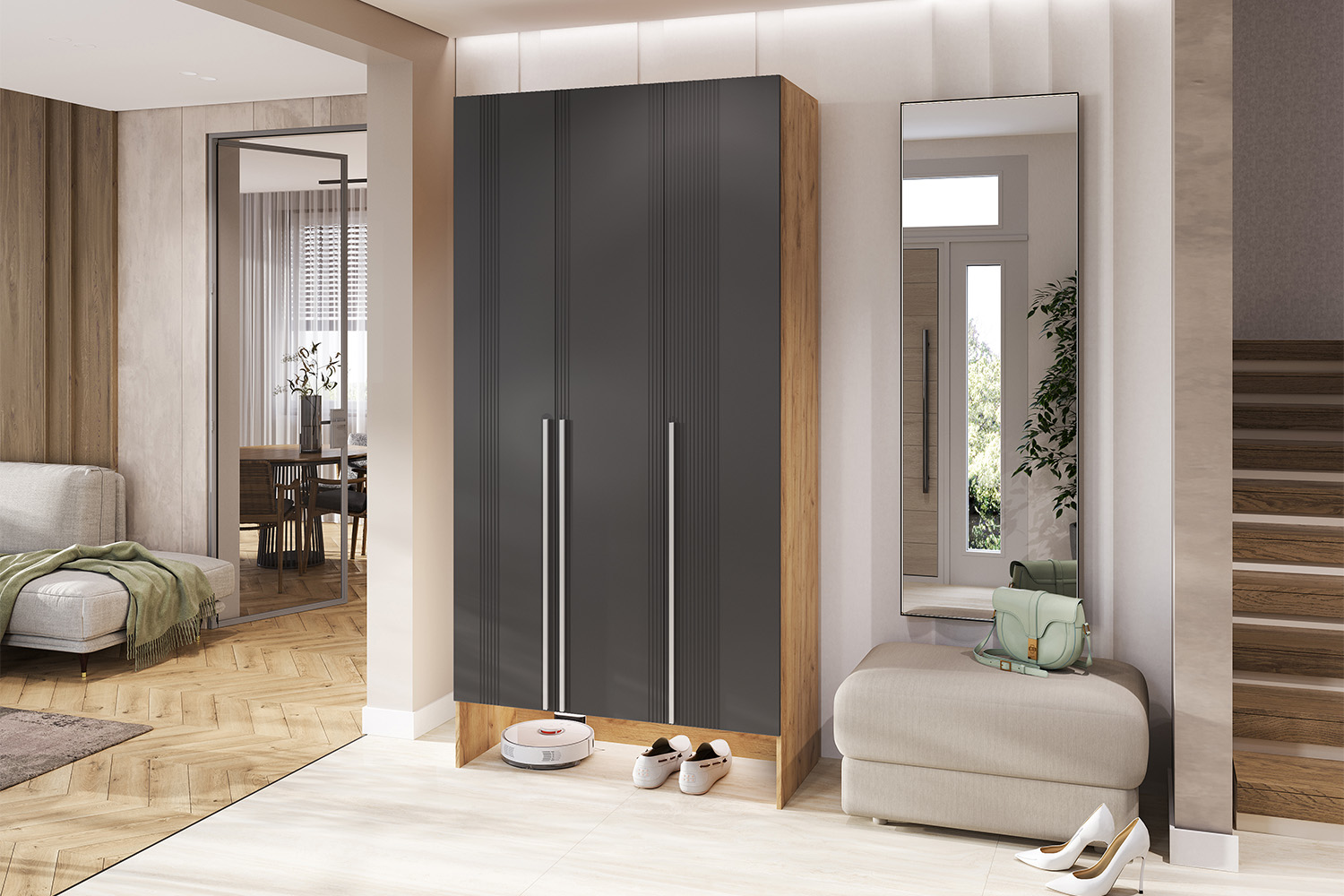 Шкаф трехстворчатый Луна, Графит софт, Дуб крафт Шкаф трехстворчатый Луна, Графит софт, Дуб крафт