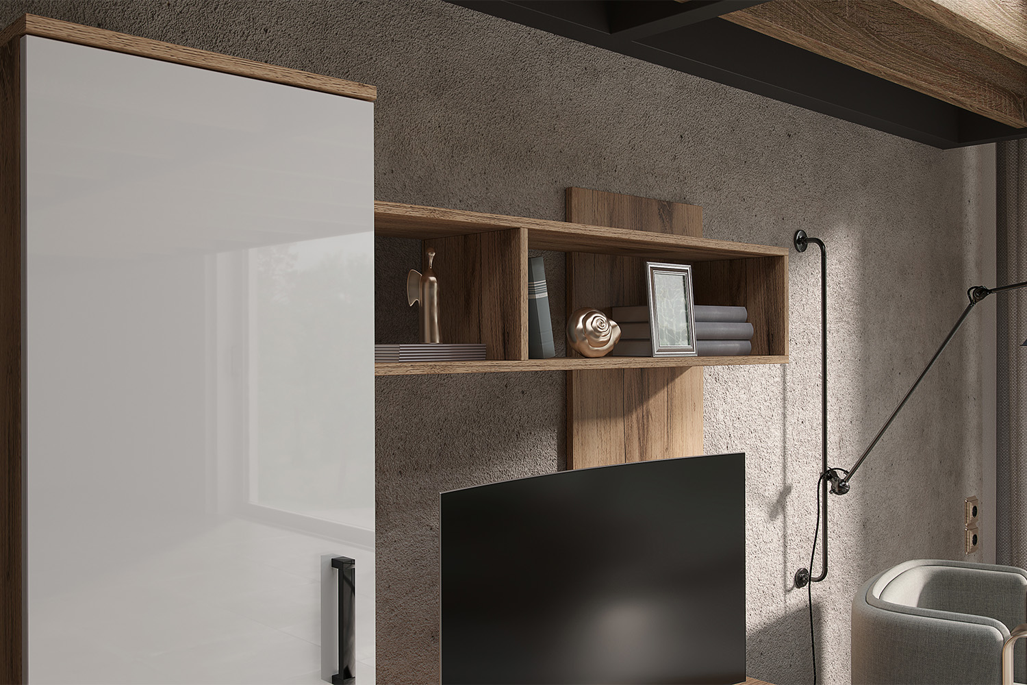 Гостиная Мини, Белый глянец холодный, Дуб крафт