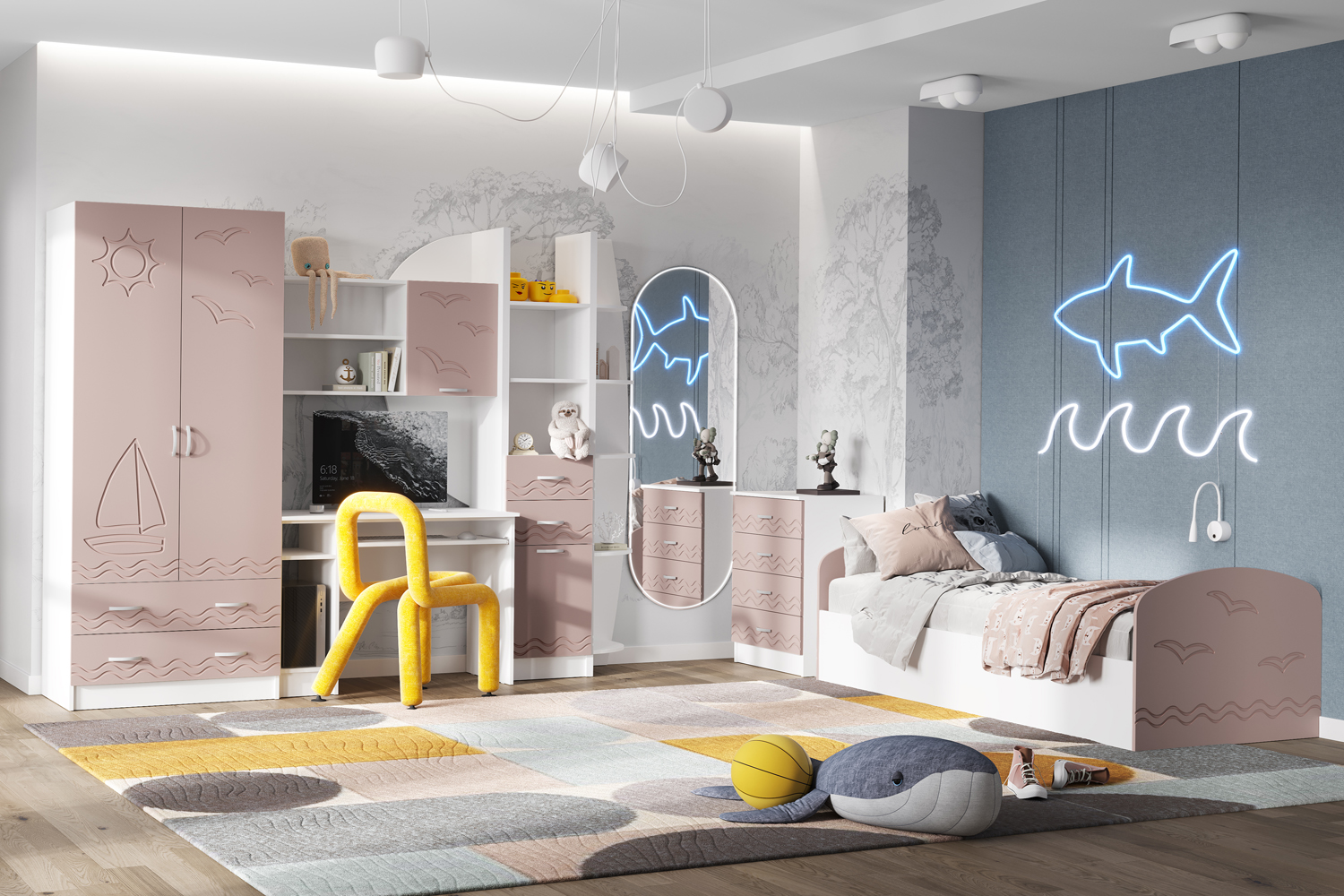 Кровать Юниор-2, Шарли Pink, Белый