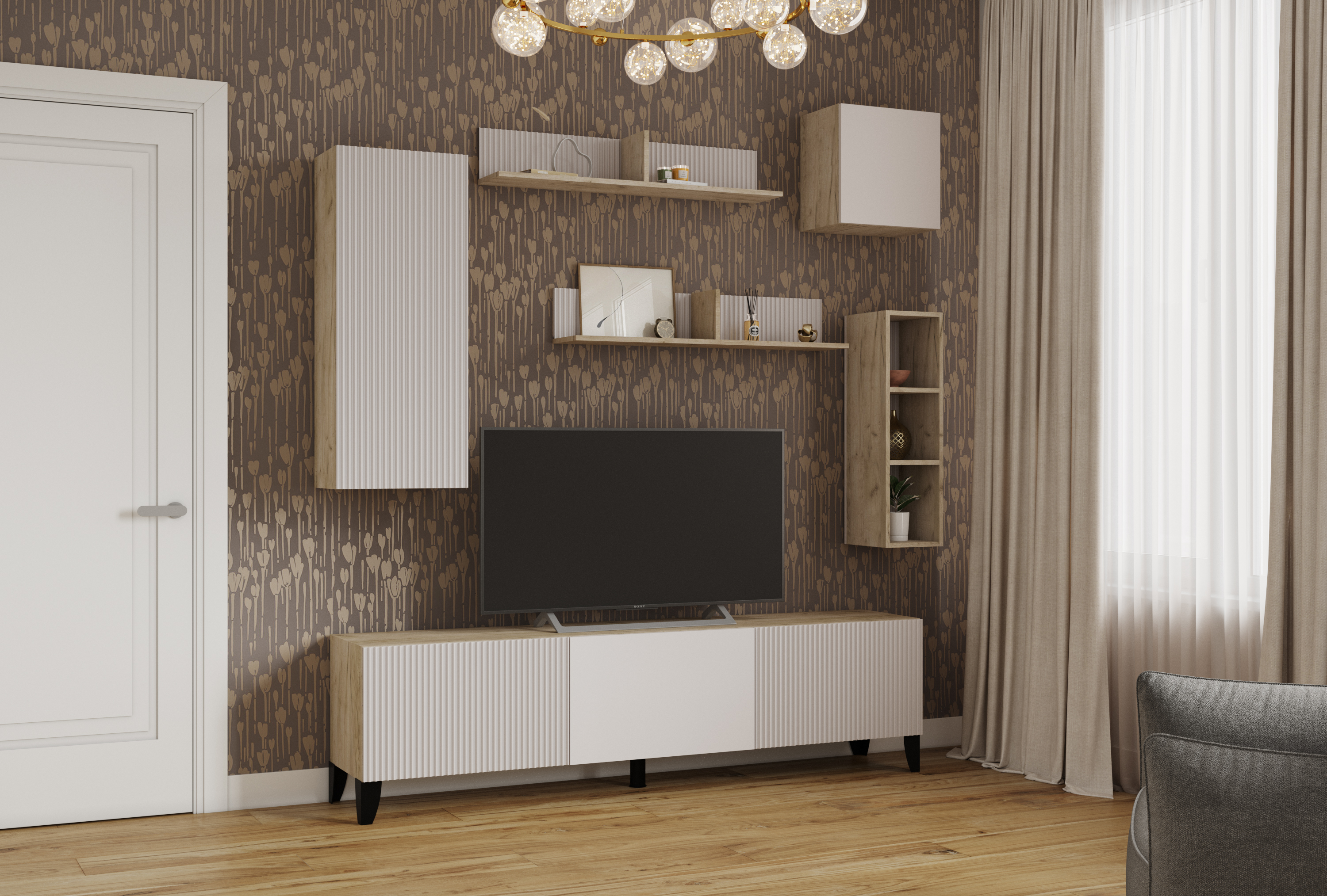 Гостиная Сириния Шкаф навесной открытый дуб крафт серый/светло-серый