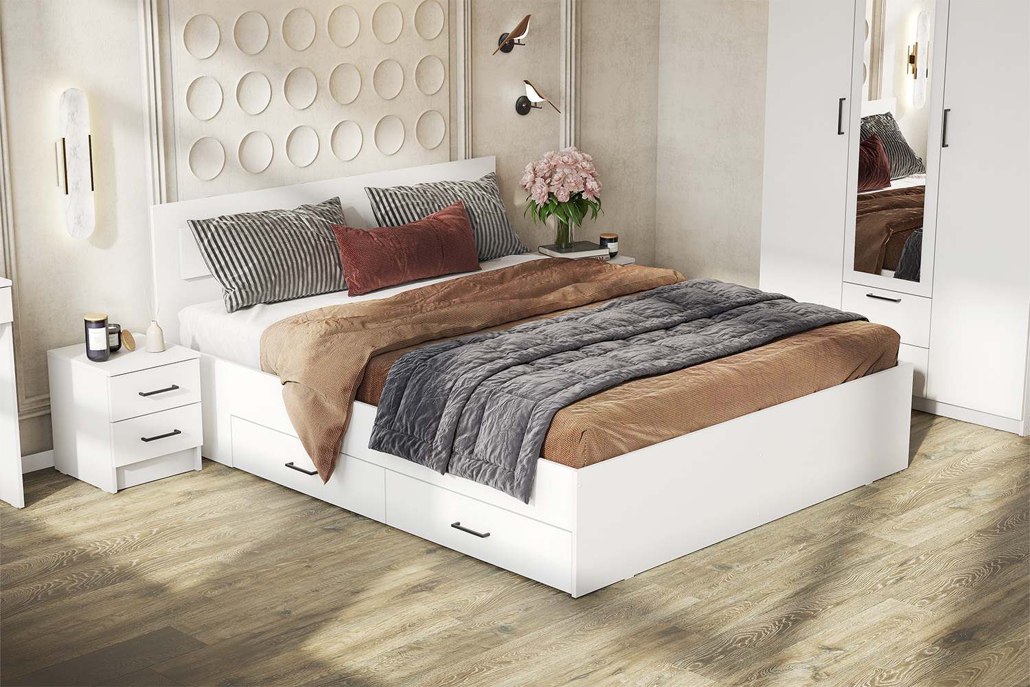 Кровать двойная с ящиками Бали, Белый шагрень