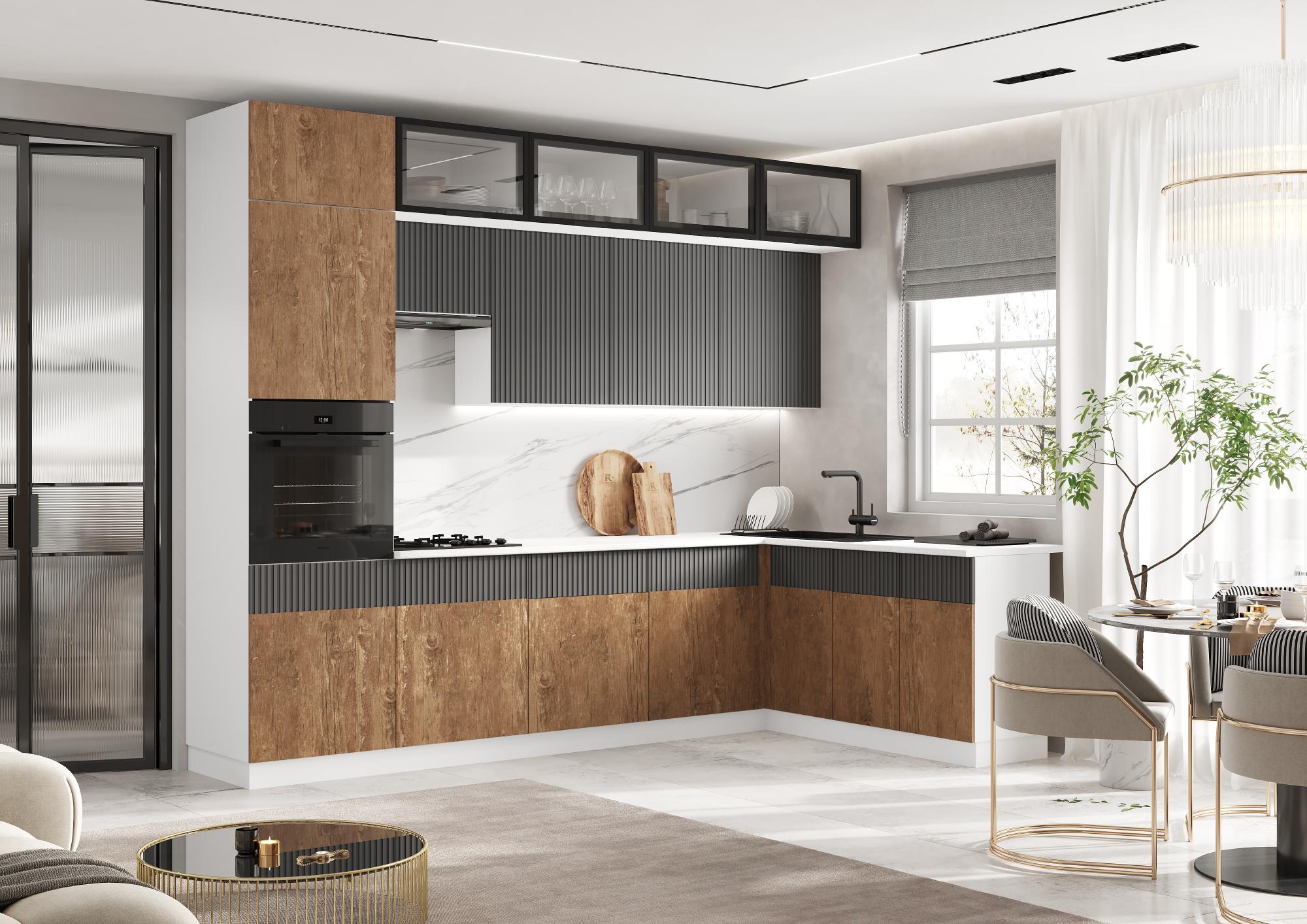 Кухня Оливия NEW 3,0х1,8м, Экзотическое дерево Амазония / Графит софт NEW,Графит