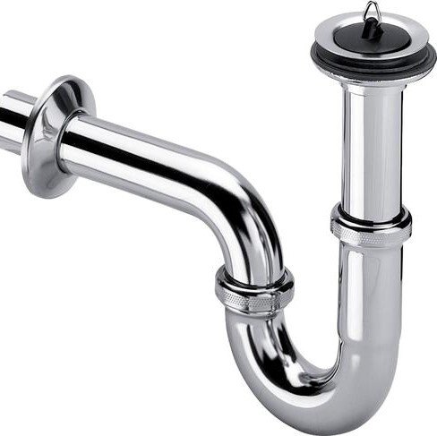 111298 Cифон трубный (металл) с розеткой из нерж, пробкой, патрубок 100 мм, отвод колено 170 мм, 1 1/4 x 32, хром