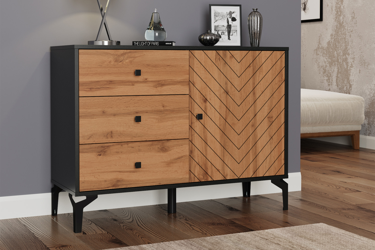 Комод Лофт 59.02, Черный, Дуб вотан