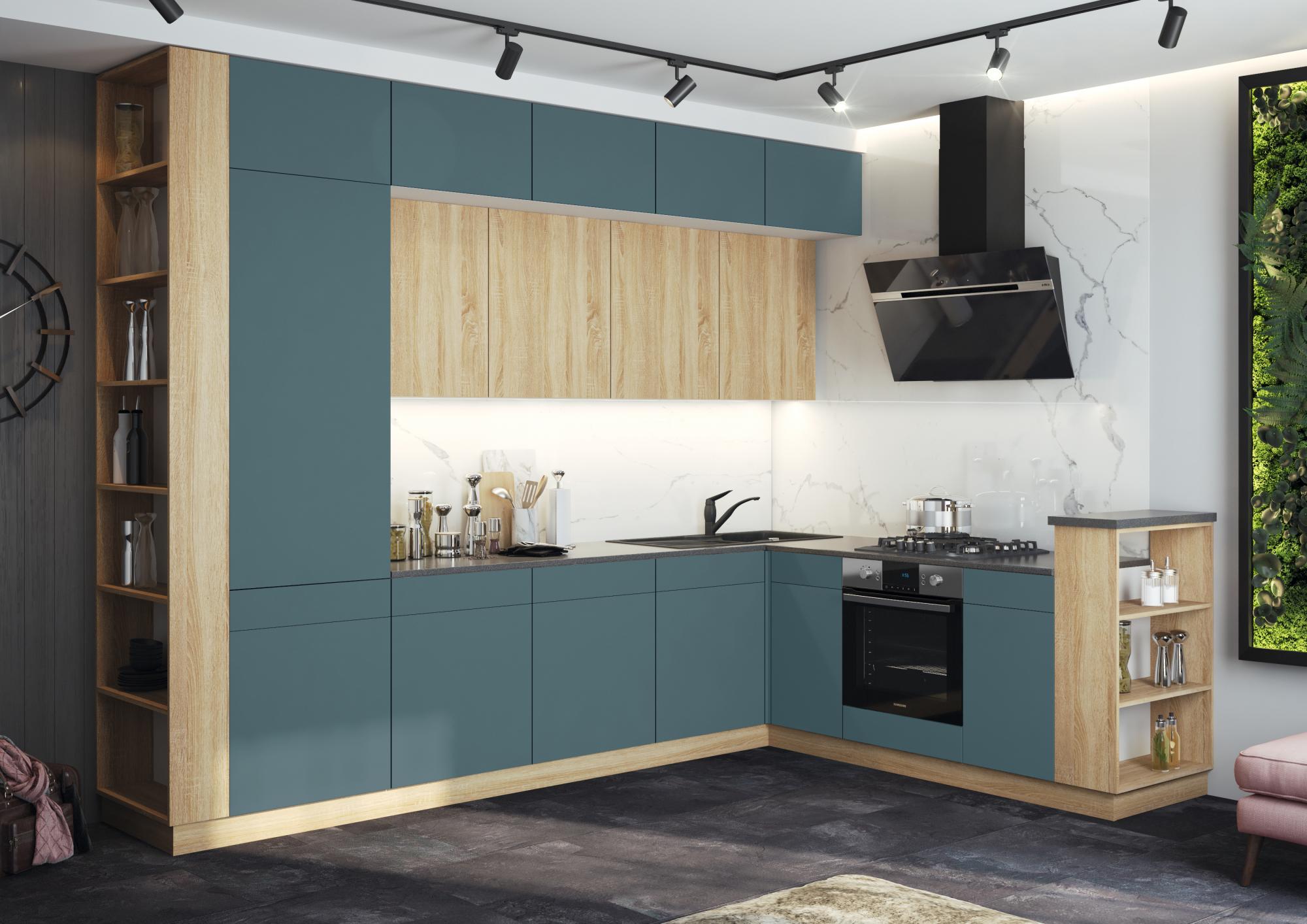 Кухня Техно-5 3,2*2,24м (Сонома/Браш Блю, Белый (Кастилло темный)