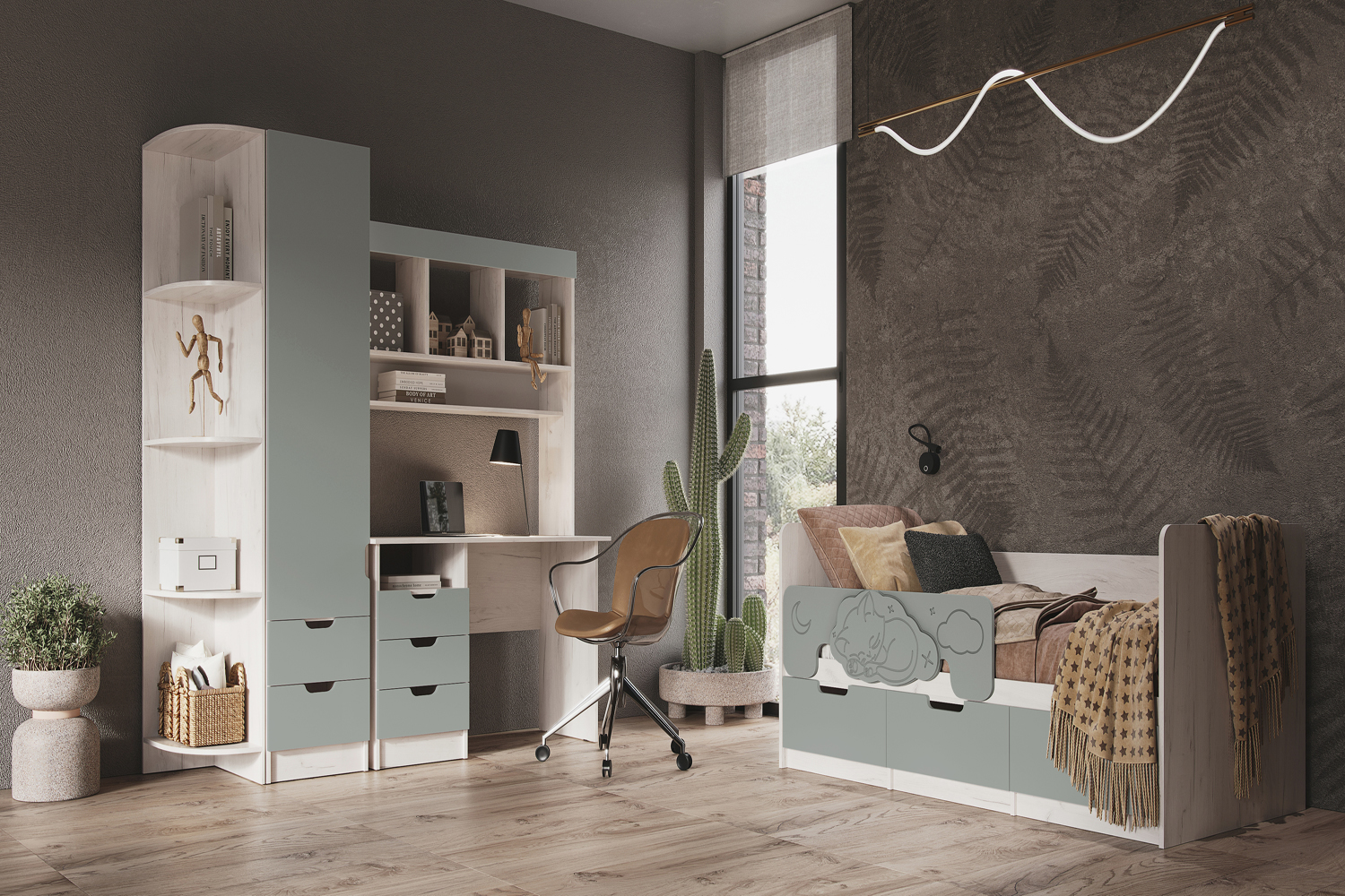 Кровать Юниор-4 (1,6х0,8м), Шарли Бриз, Дуб Крафт Белый Кровать Юниор-4 (1,6х0,8м), Шарли Бриз, Дуб Крафт Белый