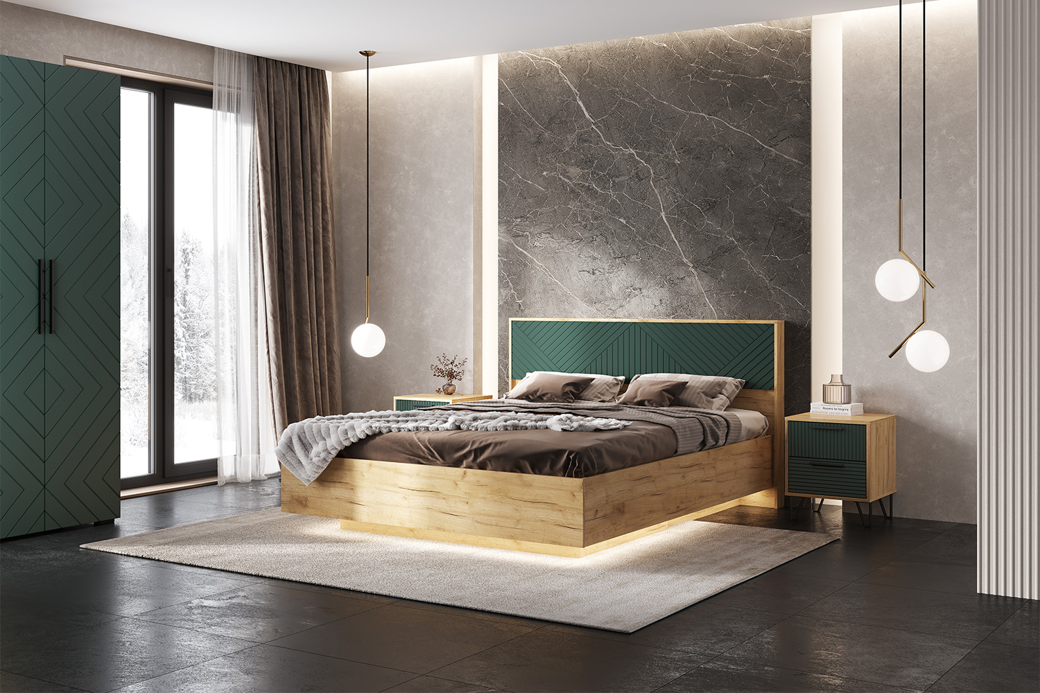 Кровать парящая с ортопедическим основанием (дерево) Флэш 1,6 м, Браш Мени Грин, Дуб Крафт