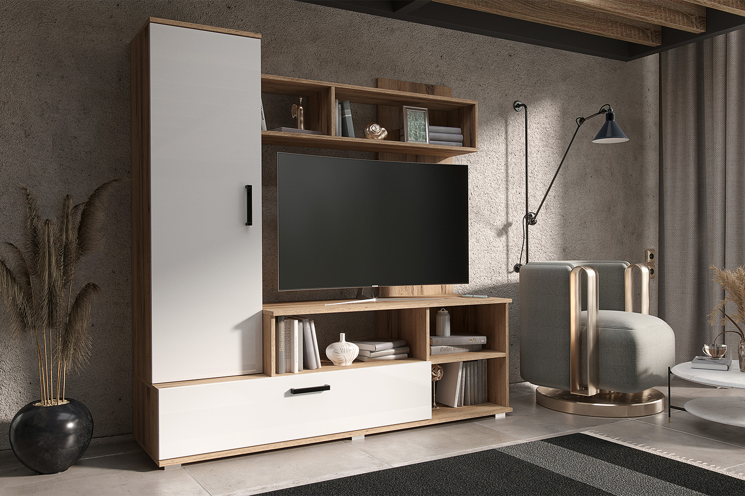 Гостиная Мини, Белый глянец холодный, Дуб крафт