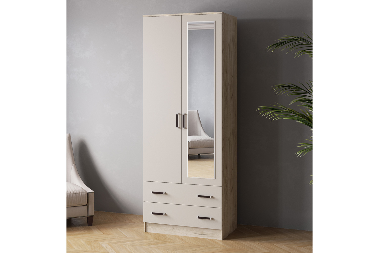 Шкаф с зеркалом Лагуна 80 см, Дуб крафт серый, Кашемир