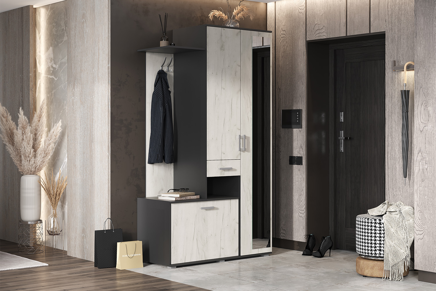 Прихожая Лира, Графит, Дуб крафт белый