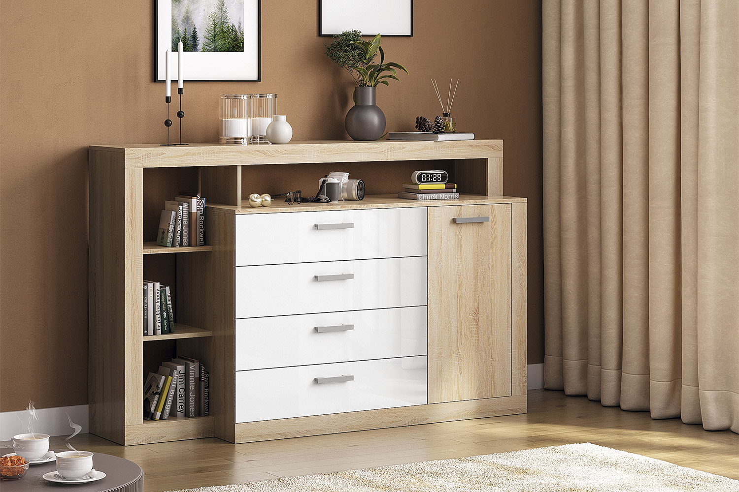 Комод Ангара, Белый глянец холодный, Сонома Комод Ангара, Белый глянец холодный, Сонома