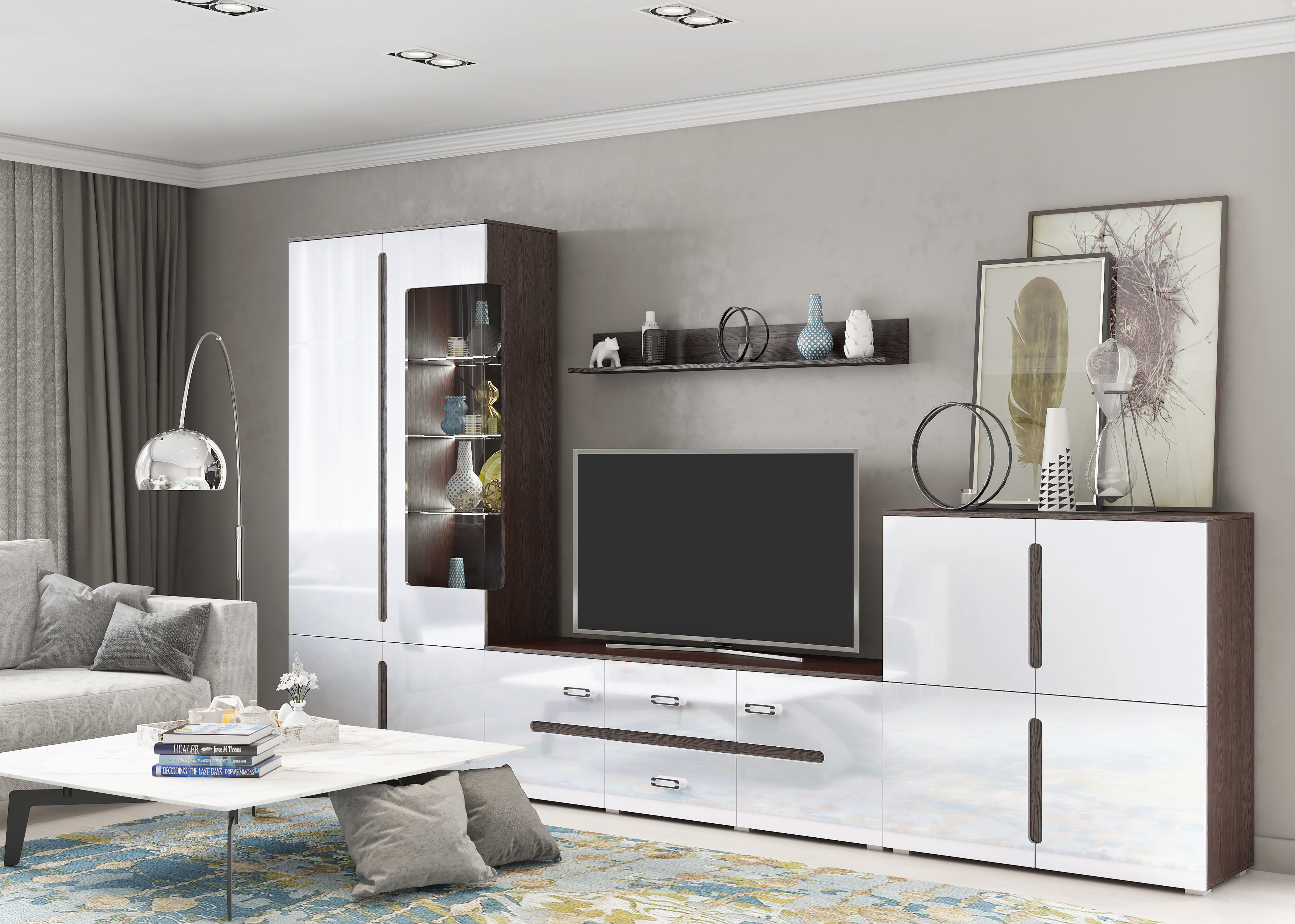 Шкаф с подсветкой Ким, Белый глянец холодный, Венге