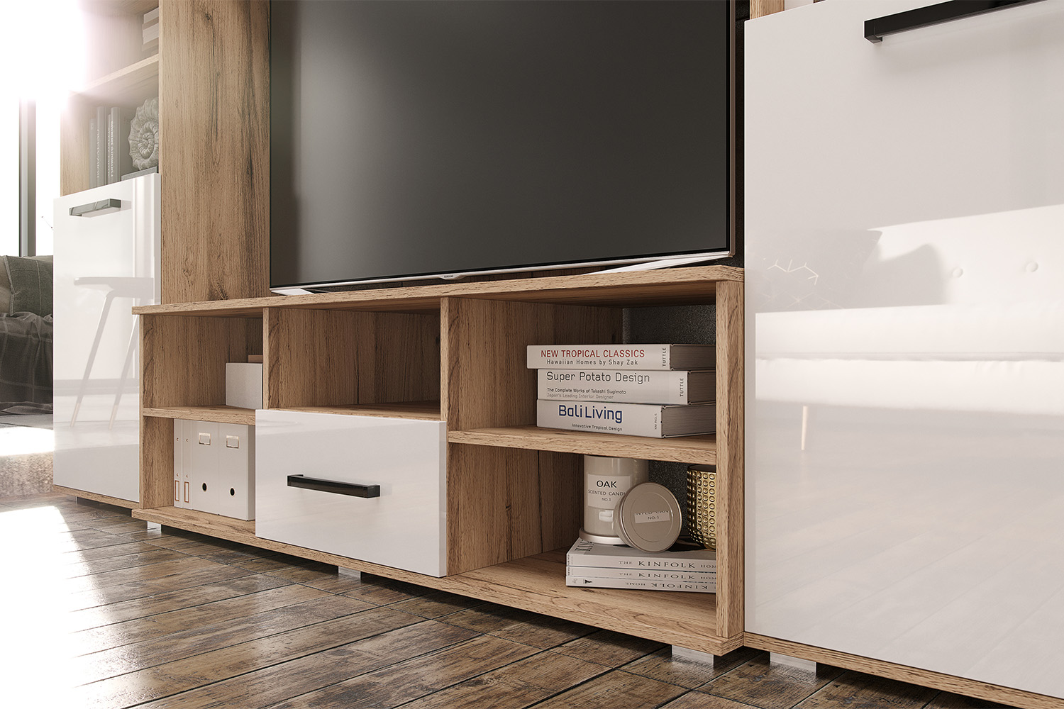 Гостиная Мини, Белый глянец холодный, Дуб крафт