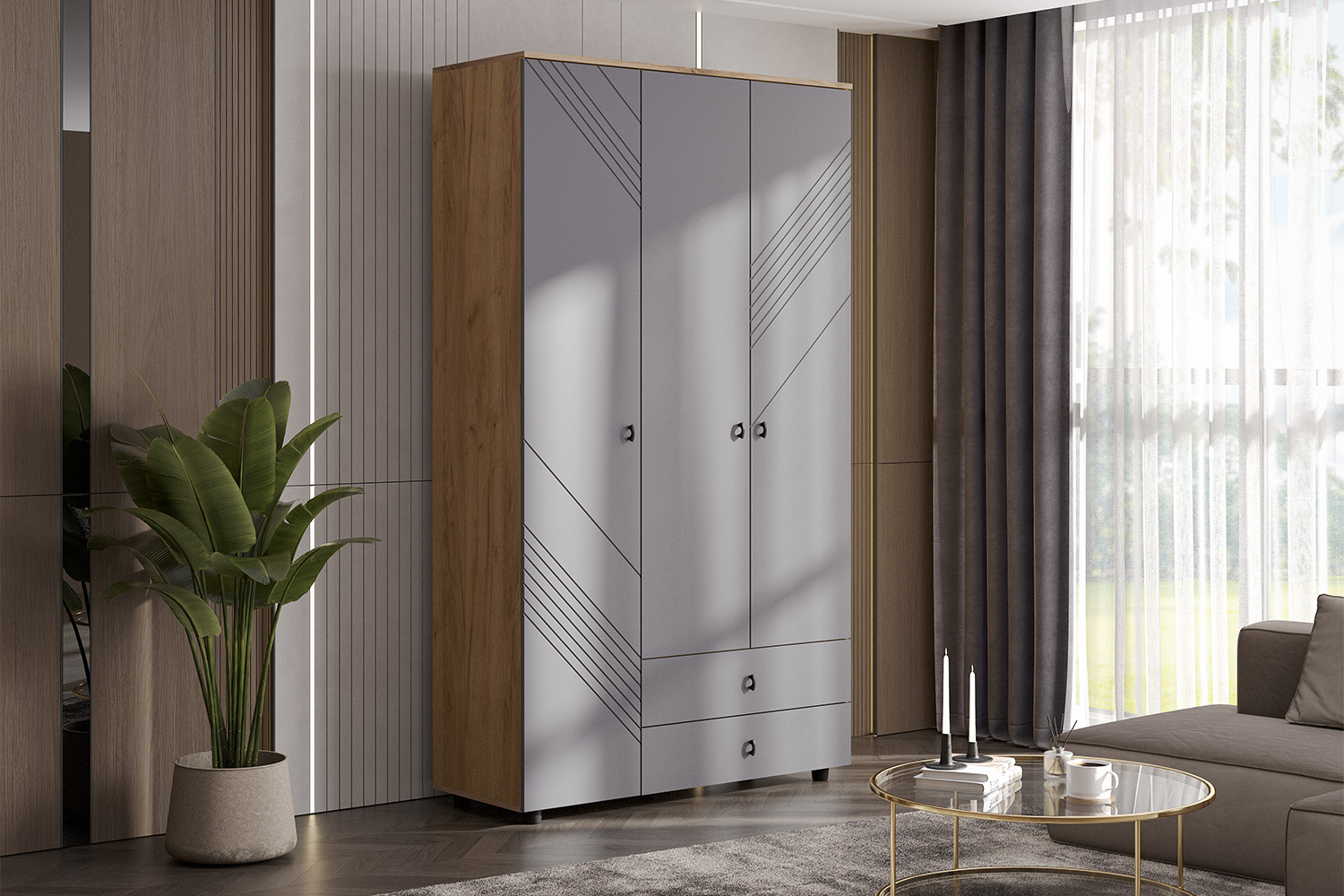 Шкаф трехстворчатый с ящиками Байкал, Дуб Золотой, Графит