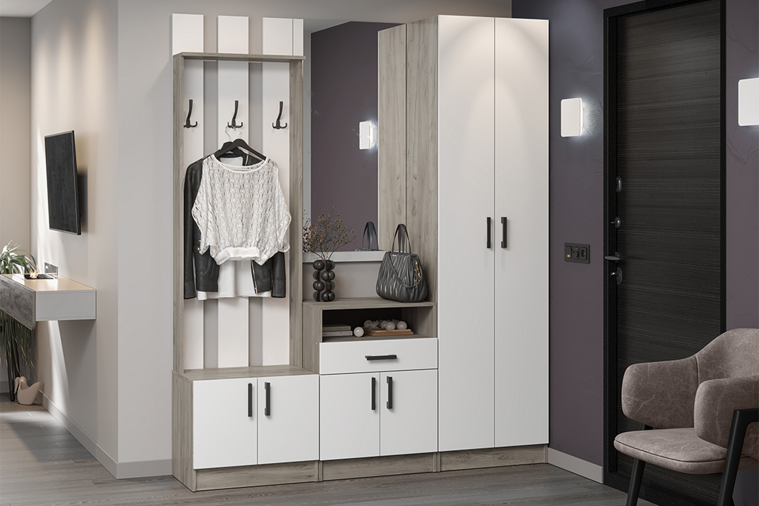 Шкаф Вега ШК-2, Дуб крафт серый, Белый