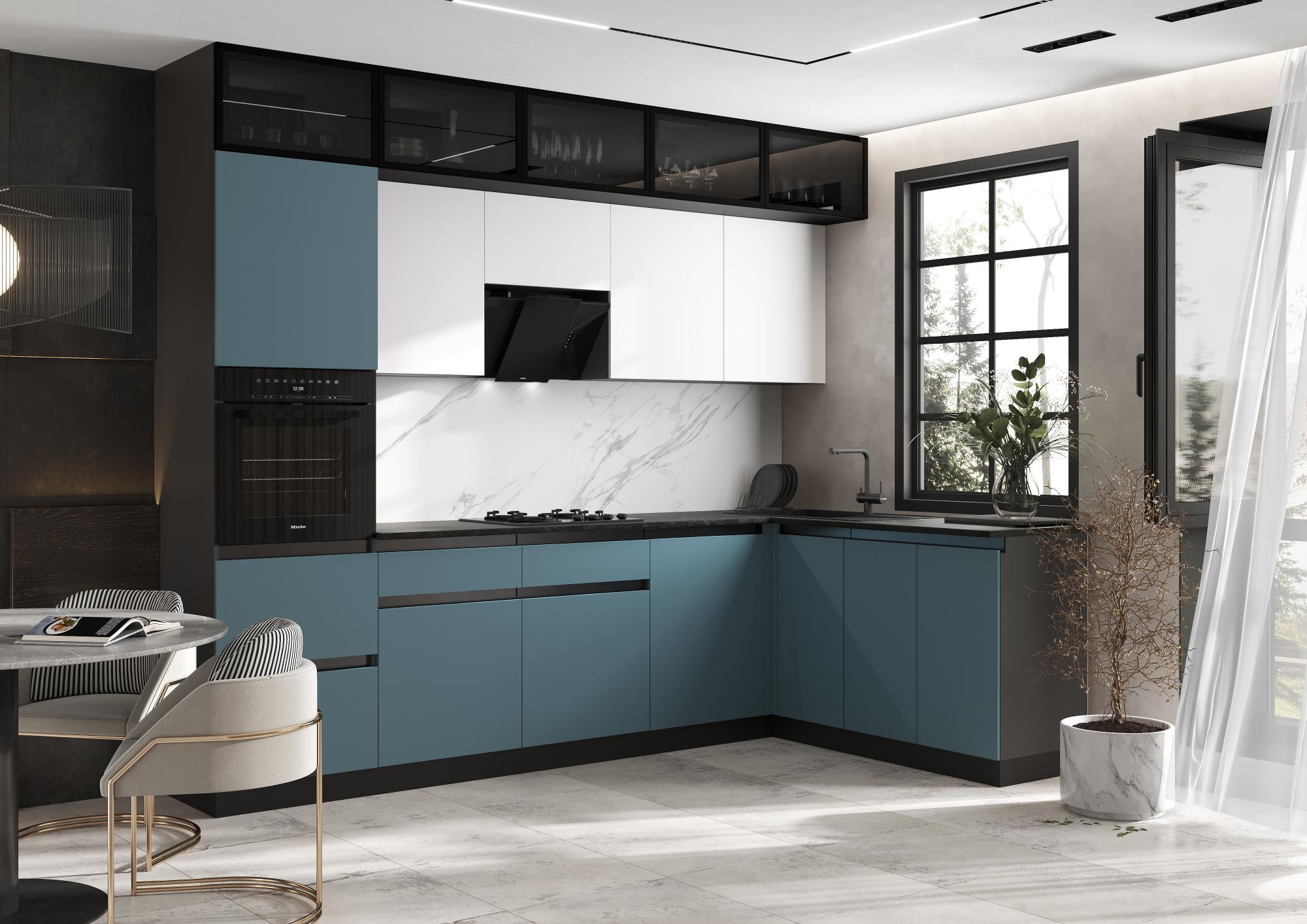 Кухня Техно-6 3,0х1,8м (Браш Блю/Браш Вайт, Белый)