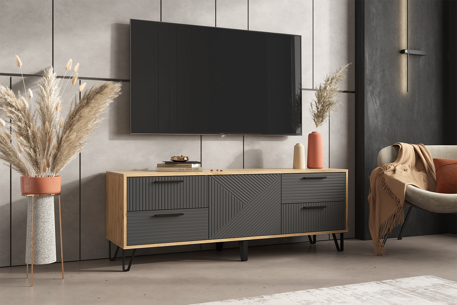 Тумба ТВ Флэш, Браш Графит, Дуб Крафт Тумба ТВ Флэш, Браш Графит, Дуб Крафт