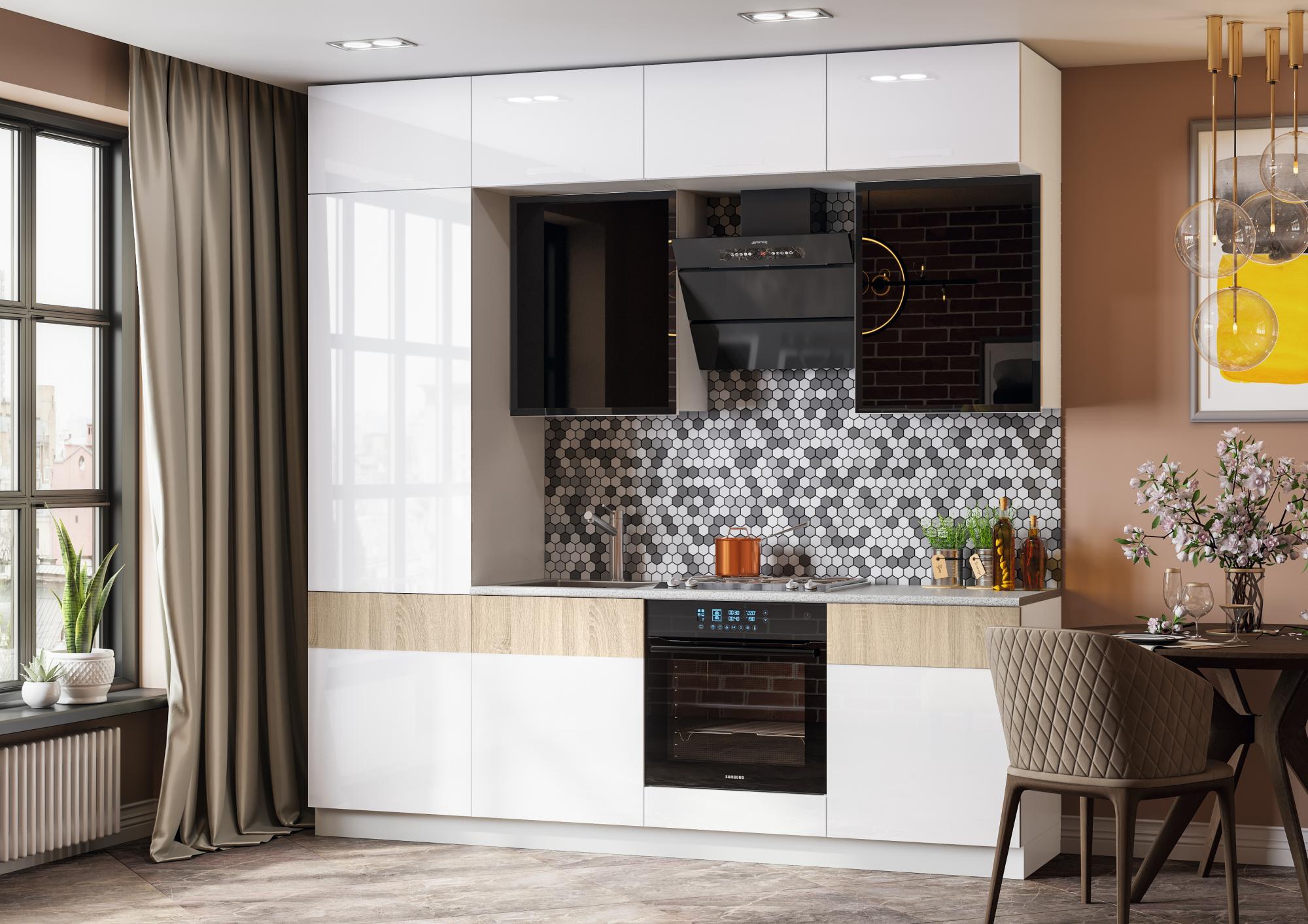 Кухня Техно-5 2,4м (Сонома/Белый глянец холодный, Белый)