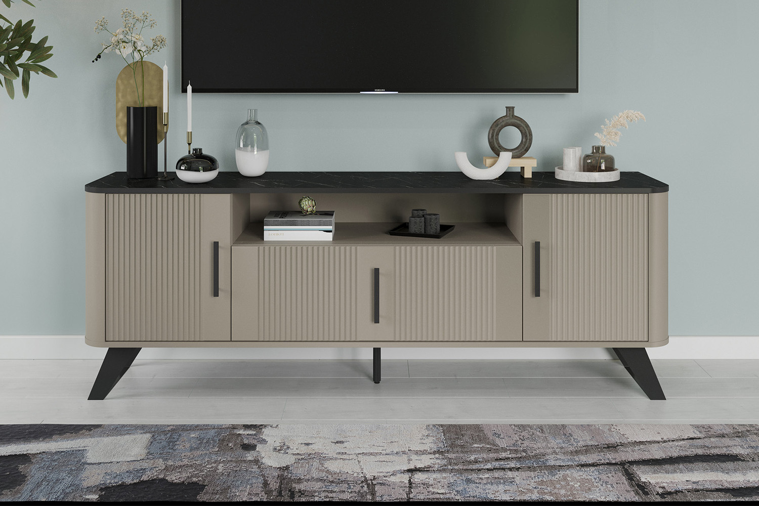 Тумба ТВ Фиделия 76.05, Серый камень, Мрамор черный