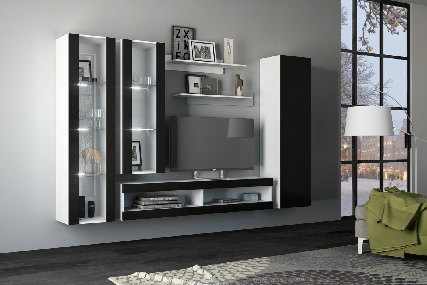 Шкаф со стеклом Флорис ШК-005, Черный глянец, Белый