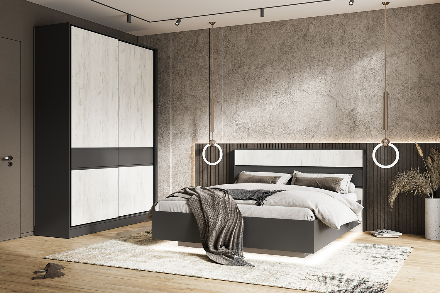 Кровать парящая с ортопедическим основанием (металл) Роджина, Дуб крафт белый, Графит Кровать парящая с ортопедическим основанием (металл) Роджина, Дуб крафт белый, Графит