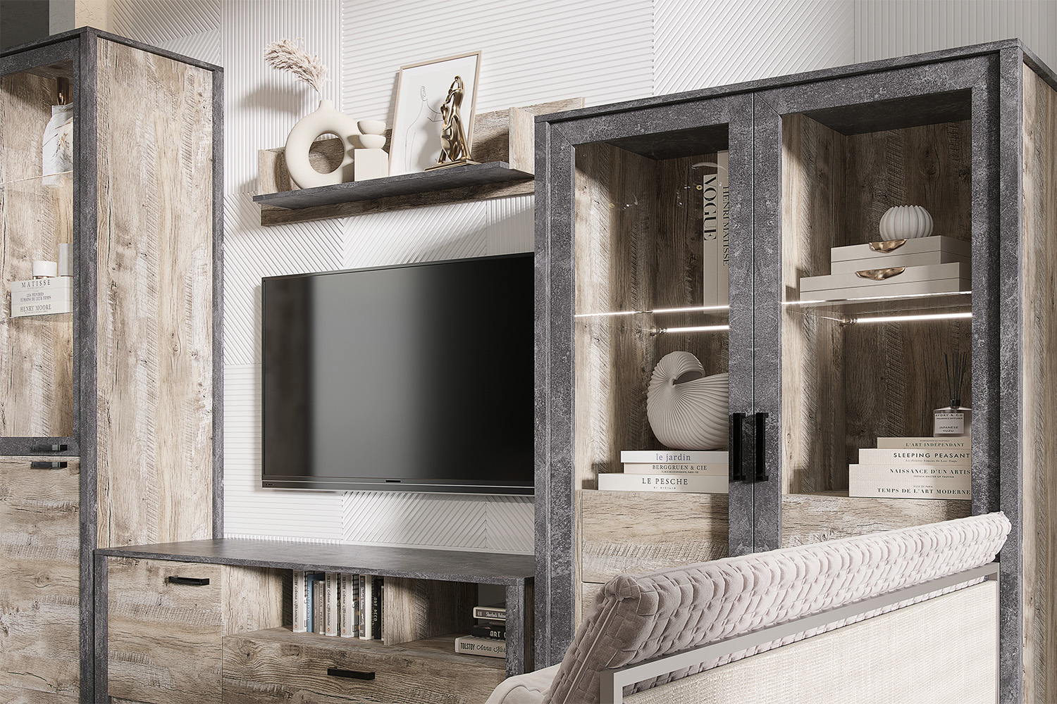 Шкаф-стекло Амели, Дуб Юкон, Бетон темный