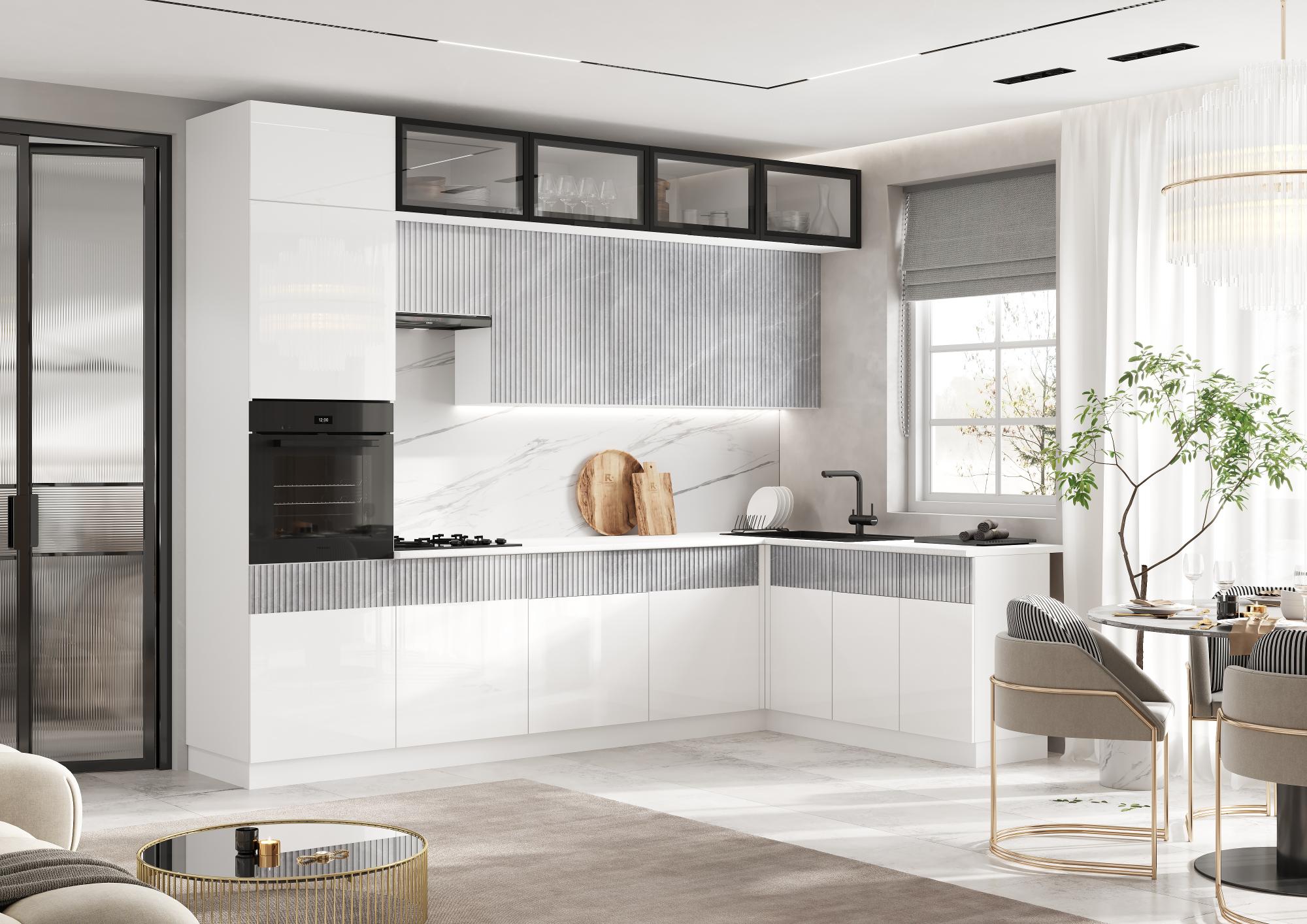 Кухня Оливия NEW 3,0х1,8м, Белый глянец холодный / Мрамор глянец, Белый