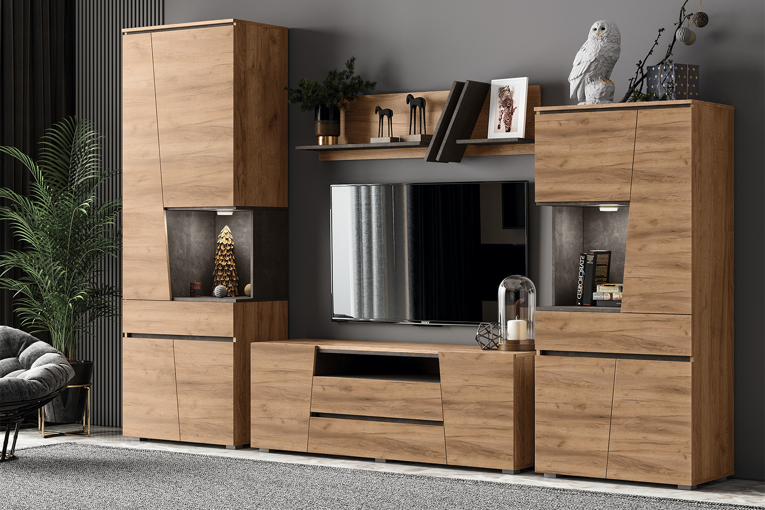 Полка навесрная Соренто, Дуб крафт, Бетон темный